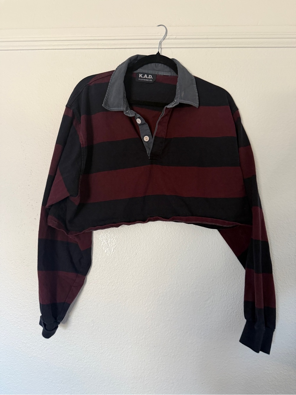 K.A.D. Striped Cropped Long Sleeve Polo Top in Black Red Rugby Urban Outfitters